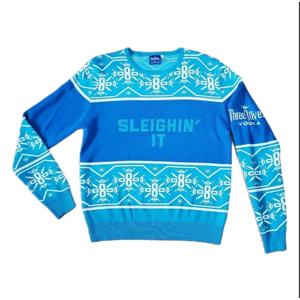 Three Olives Vodka "Sleighin' It" Ugly Christmas Sweater Men's Sz M Blue White